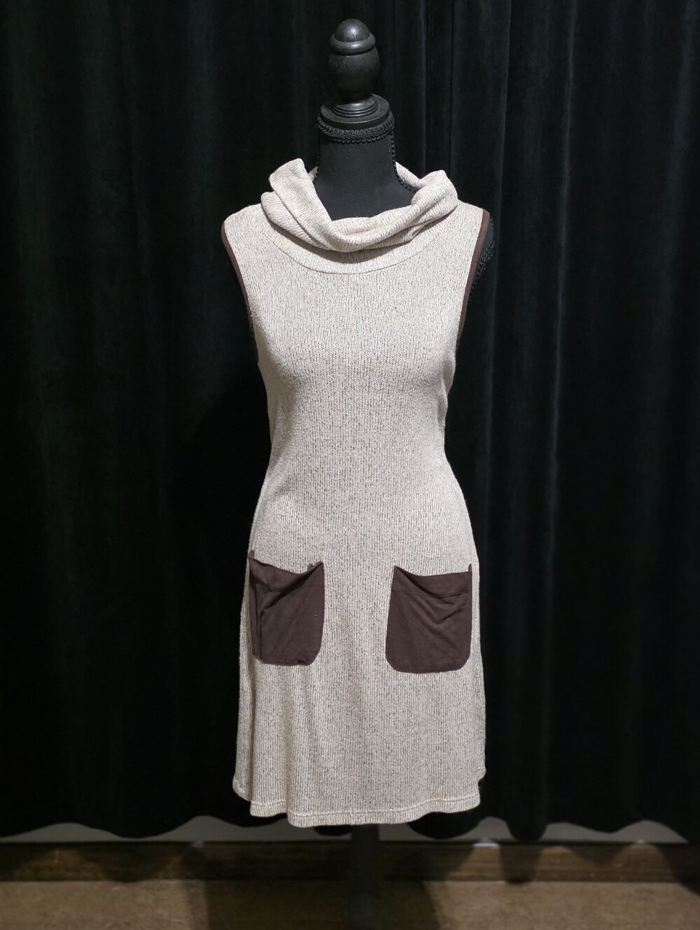 Monteau Cream Brown Cowl Neck Knit Pocket Dress